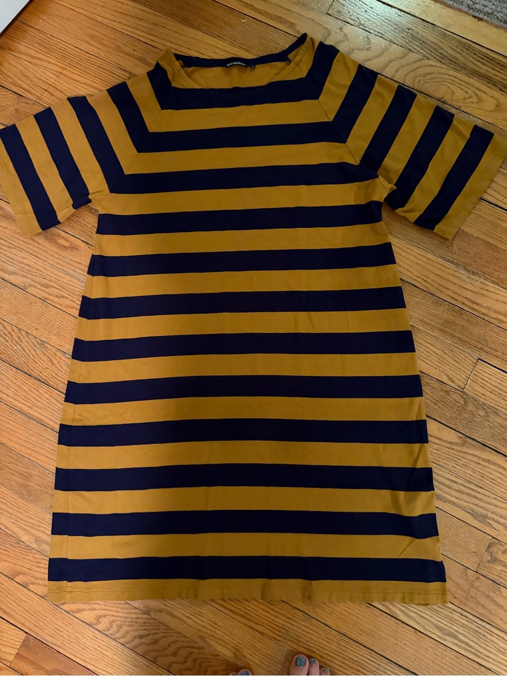 Marimekko women’s Navy and Mustard Striped Short Sleeve Dress